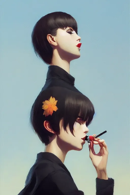 Image similar to A ultradetailed beautiful panting of a stylish woman smoking a cigarette, Oil painting, by Ilya Kuvshinov, Greg Rutkowski and Makoto Shinkai