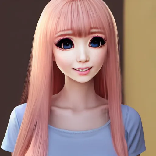 Prompt: Render of Nikki from Shining Nikki Dress-Up Game, a cute 3D young woman, long light pink hair, full bangs, full round face, hazel amber eyes, pale skin, cute freckles, light blush, Chinese heritage, smiling softly, wearing casual clothing, interior lighting, cozy living room background, medium shot, mid-shot, hyperdetailed, trending on Artstation, Unreal Engine 4k