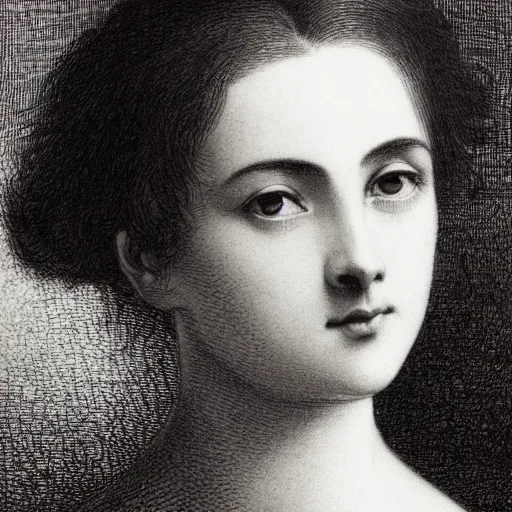 Image similar to extreme close-up, black and white, portrait of a young french woman, marie laforet, Gustave Dore lithography