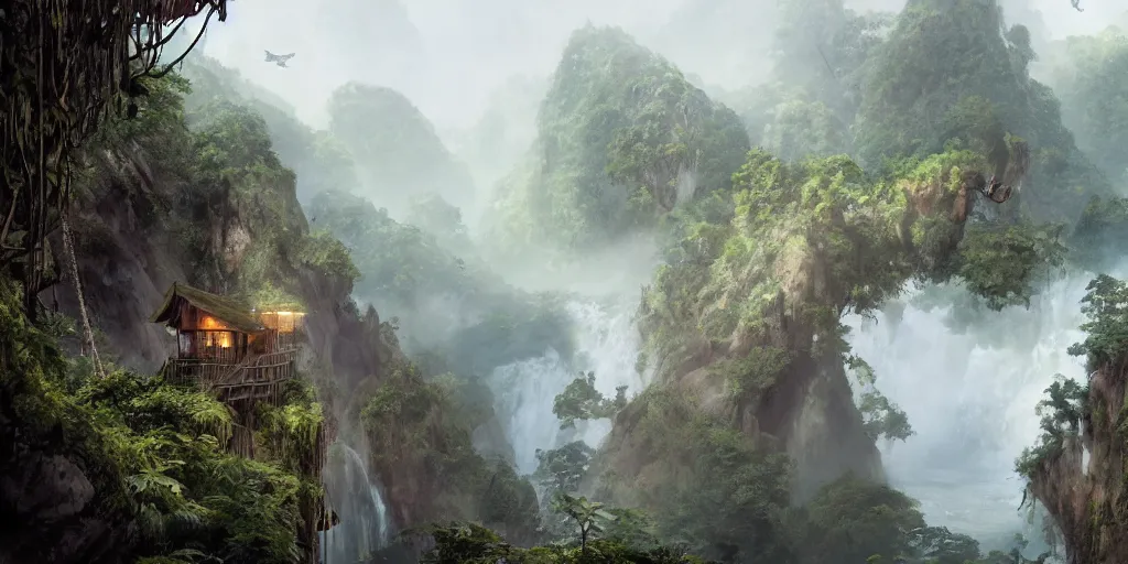 Image similar to an island of jungle cliffs with treehouses atop. tiered catwalks and rope bridges. foggy valley and mountains fading into the distance, at sunset. waterfalls. neverland. peter pan kids wearing war paint and headdresses, standing on the rope bridges. magic the gathering card art by greg rutkowski.