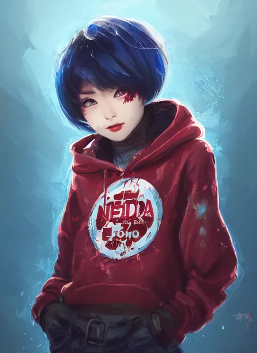 Image similar to a highly detailed illustration of short hair cute japanese girl wearing blood stained blue hoodie with the word nevada on it, dramatic smile pose, intricate, elegant, highly detailed, centered, digital painting, artstation, concept art, smooth, sharp focus, league of legends concept art, WLOP