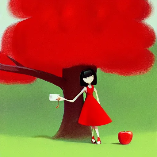 Prompt: goro fujita ilustration brunette girl in red dress grabbing an apple from a tree in the forest, painting by goro fujita, sharp focus, highly detailed, artstation