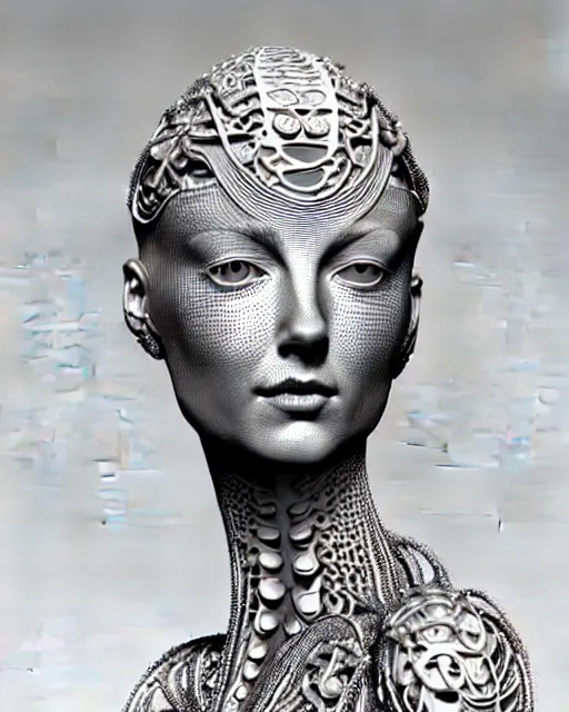 Image similar to bw 3 d render of a beautiful female queen - cyborg - vegetal, intricate fractal ornament in the bust with a very long neck, elegant, highly detailed intricate rococo ornament in her blond long hair, realistic, refined, highly detailed, cinematic outdoor lighting, by flora borsi in the style of dora maar, volumetric lighting, hyper realistic photography