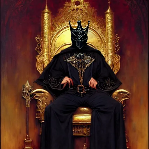 Image similar to full body portrait of masked king in black gothic robes sitting on a throne of swords, elegant, highly detailed painting by gaston bussiere, craig mullins, j. c. leyendecker, 8 k, mid shot