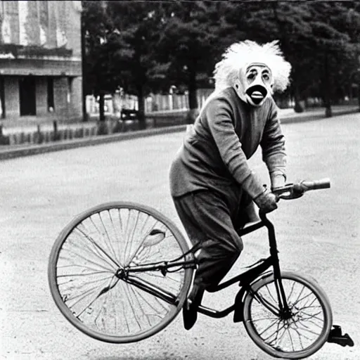 Image similar to einstein is wearing a clown outfit, he is riding a unicycle, he is eating an apple,