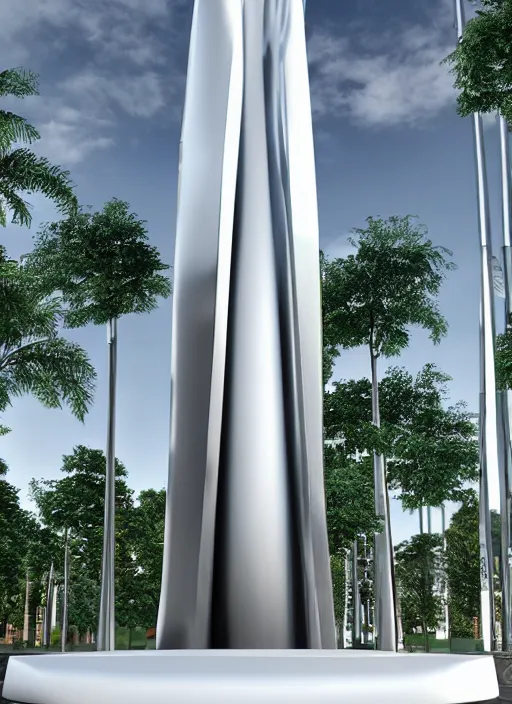 Image similar to highly detailed realistic architecture 3 d render of a huge high futuristic metallic stele sculpture in zaha hadid style standing in city park, archdaily, made in unreal engine 4 octane render