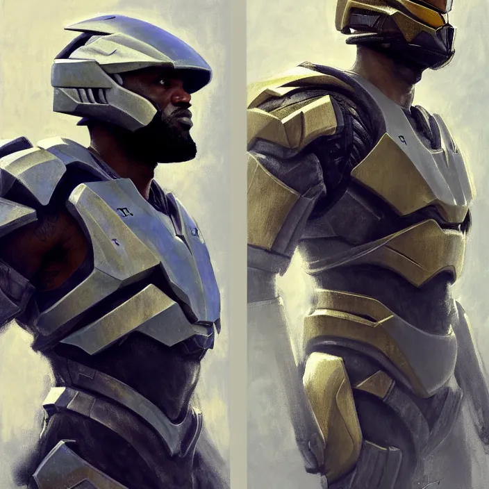 Prompt: LeBron James wearing Forerunner armor from Halo, countryside, calm, fantasy character portrait, dynamic pose, above view, sunny day, thunder clouds in the sky, artwork by Jeremy Lipkin and Giuseppe Dangelico Pino and Michael Garmash and Rob Rey and Greg Manchess and Huang Guangjian, very coherent asymmetrical artwork, sharp edges, perfect face, simple form, 100mm