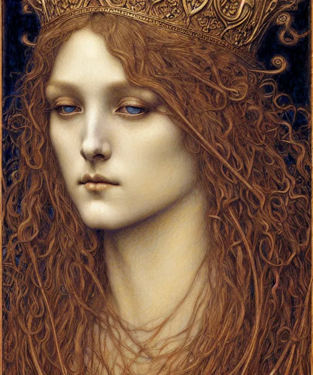 Image similar to detailed realistic beautiful young medieval queen face portrait by jean delville, gustave dore and marco mazzoni, art nouveau, symbolist, visionary, gothic, pre - raphaelite. horizontal symmetry