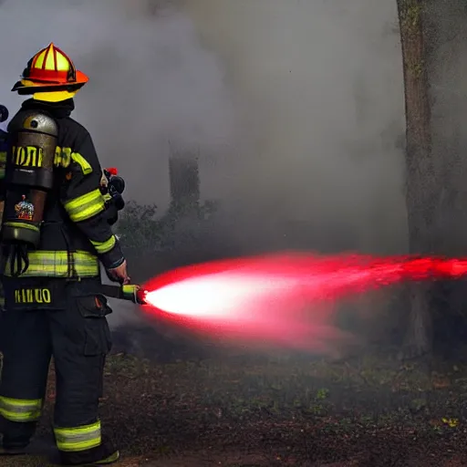 Image similar to photo of a firefighter using a flamethrower projecting a long flame. award-winning, highly-detailed