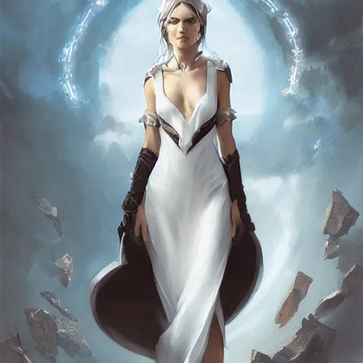 Prompt: A portrait of a female sorceress in a white dress, art by artgerm and greg rutkowski, matte painting, trending on artstation, very detailed