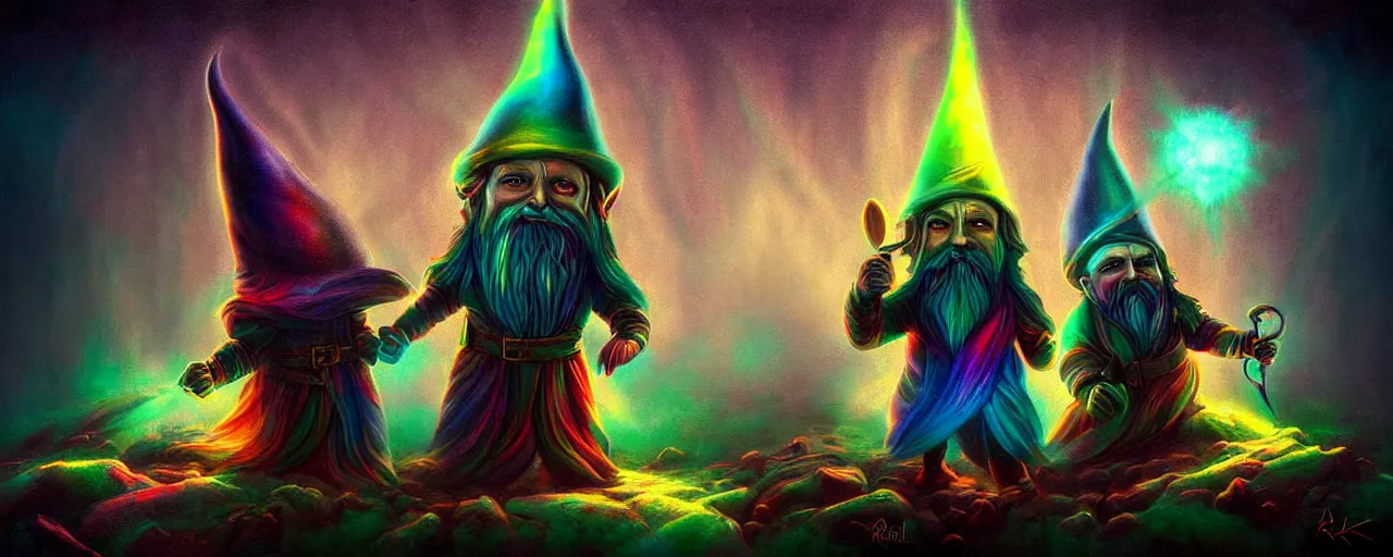 Image similar to whimsical bifrost alchemical gnomes, surreal dark uncanny painting by ronny khalil