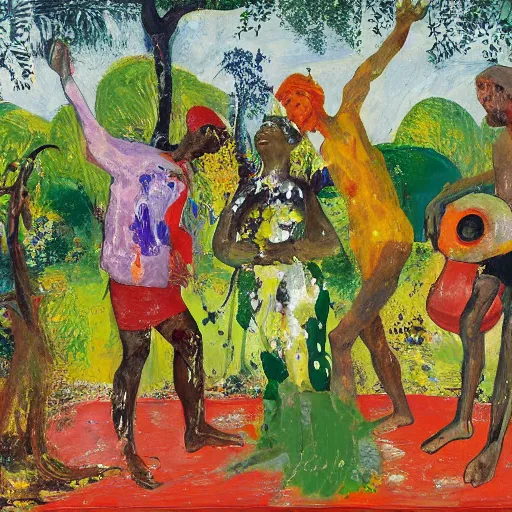 Prompt: 4 peoples dancing in the garden of eden, happy, painted by Asger Jorn, 8k, Peter Doig, minimalist oil paint with thick brushstrokes of paint, ultra detailed, realistic, small spot of thick melting paint drips all over