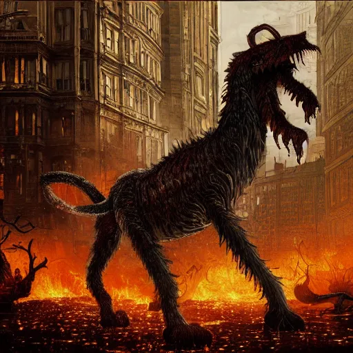 Image similar to giant quadruped creature walking through the center of a city with tall building on fire, extreme detail, abstract realism, highly ornate intricate details, 1 9 2 0's colored pencil, 4 k, cinematic lighting,