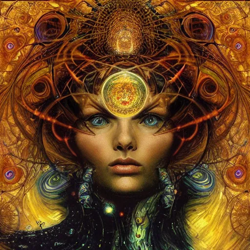 Image similar to Divine Chaos Engine by Karol Bak, Jean Deville, Gustav Klimt, and Vincent Van Gogh, beautiful visionary face portrait, sacred geometry, mystic spirals, otherworldly, fractal structures, ornate gilded medieval icon, third eye