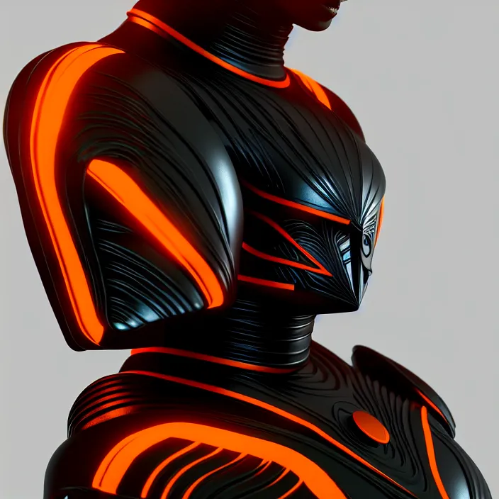 Image similar to a vertical portrait of a character in a futuristic room, black and orange armor, highly detailed, render, vray, octane, realistic lighting