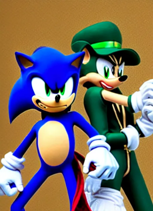 Image similar to sonic the hedgehog and jotaro kujo from jojo's bizarre adventure hanging out, photorealistic