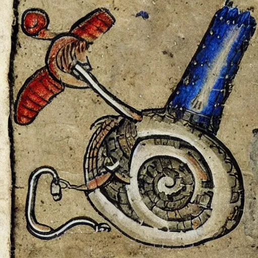 Prompt: medieval armored war snail manuscript miniature