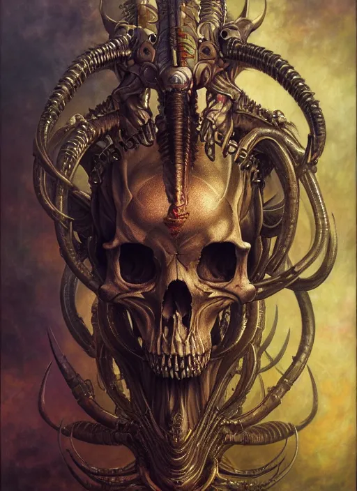 Prompt: hyper detailed masterpiece animal skull alien tattoo warrior by donato giancola and tom bagshaw, face by artgerm and edmund leighton, and h. r. giger, trending on artstation, colorful, psychedelic aesthetic, ornate, background by james jean, 8 k, biomechanical, majestic, volumetric lighting, porcelain skin, concept art, sharp focus