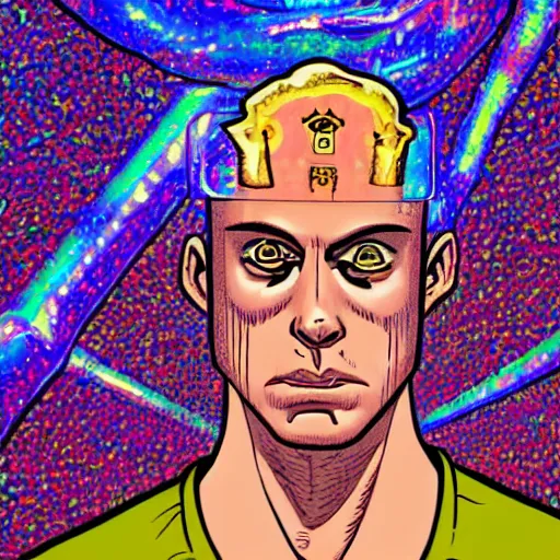 Prompt: a portrait of a beautiful psycho king in a holographic room, in the style of daniel clowes