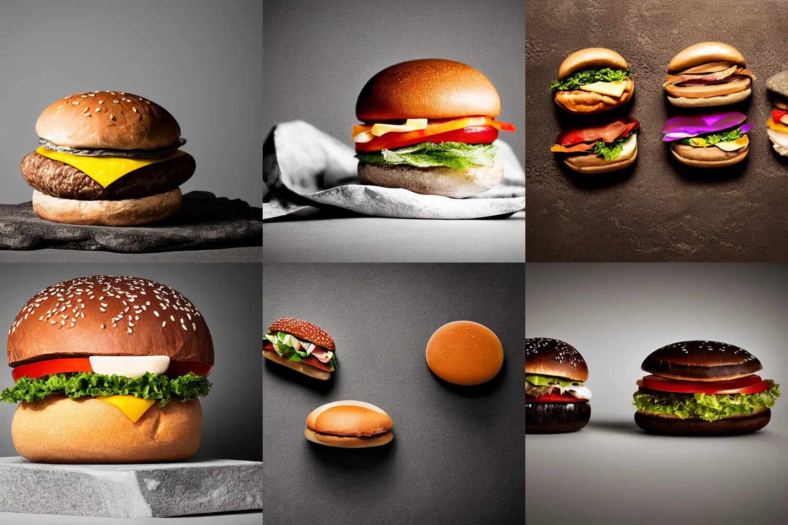 Prompt: Rocks and Stone in the shape of a hamburger. Product Photography, Studio Lighting. Canon 85mm f1.8.
