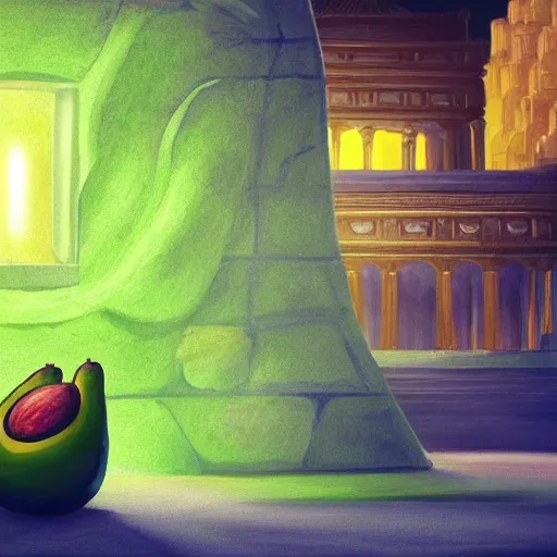 Image similar to a green avocado armchair in the center of golden ancient temple, illuminated by narrow light beam , fantasy illustration, trending on artstation, deviantart, very realistic, 4k