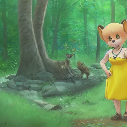 Image similar to concept art painting of an anthropomorphic chubby doe wearing yellow dress, in the deep forest, realistic, detailed, cel shaded, in the style of makoto shinkai and greg rutkowski and james gurney