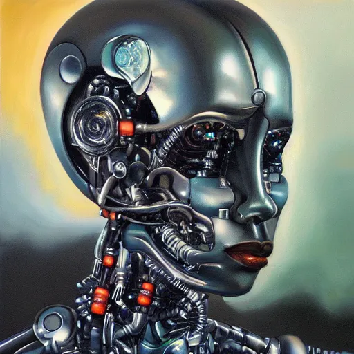 Image similar to a realistic oil painting of a black man as a cybernetic cyborg, surrealism portrait, surrealism album cover