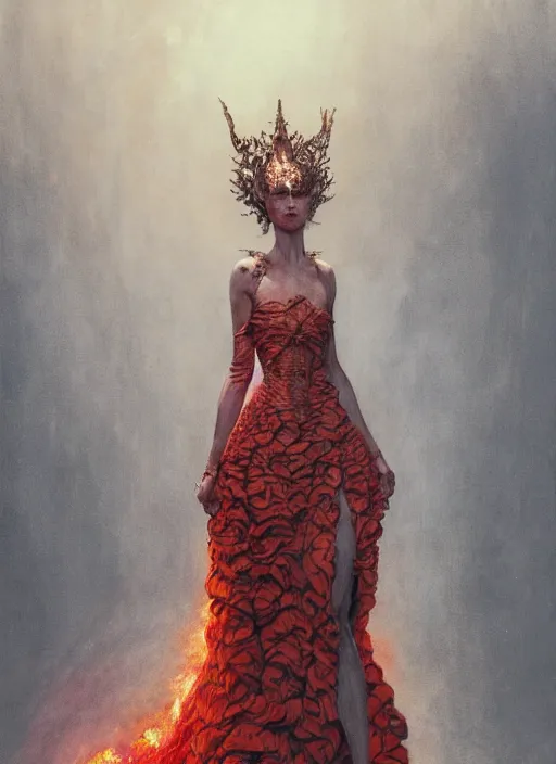 Prompt: Girl at a fashion show in hell, model a magnificent McQueen couture bright clothes, fashion style, horror, fire, lava, intricate, elegant, highly detailed, artstation, concept art, smooth, sharp focus, illustration, art by and greg rutkowski and orientalism and bouguereau and Zdzislaw Beksinski