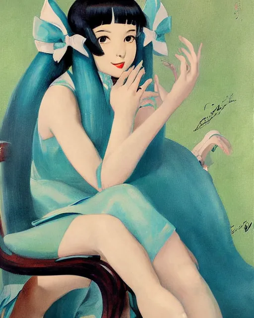 Image similar to A very beautiful painting of hatsune Miku sitting on the chair by Enoch Bolles and Gil Elvgren