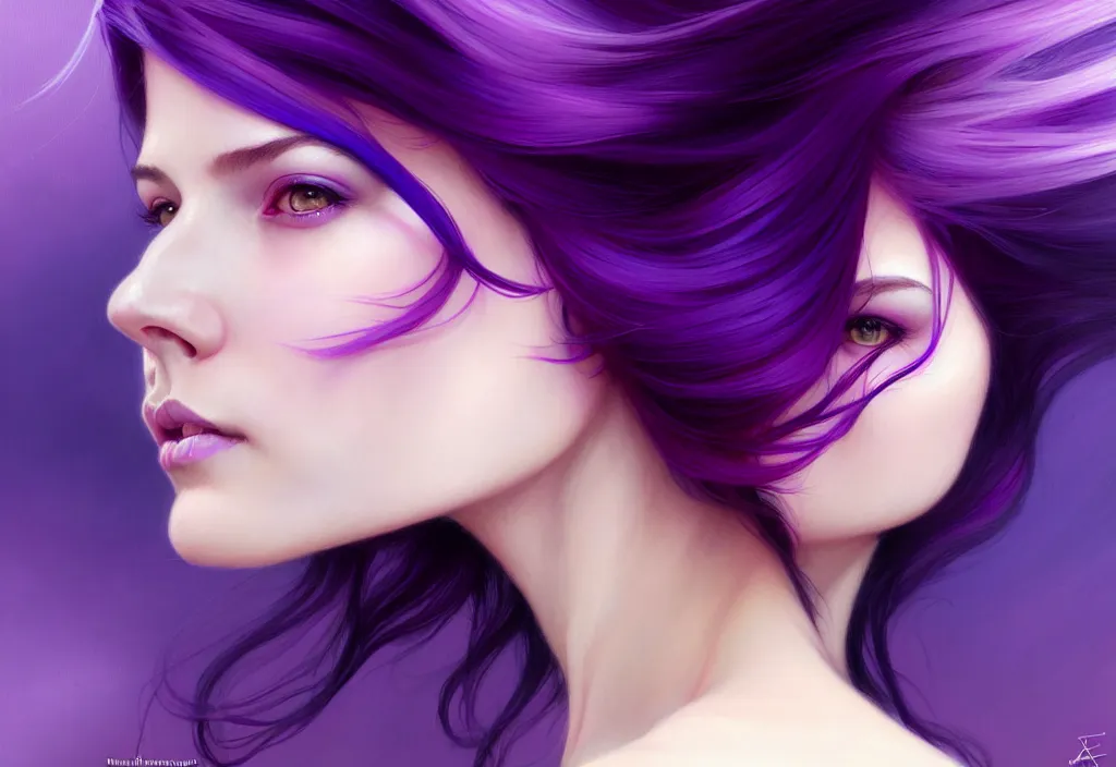 Image similar to Purple hair relistic Portrait of a two woman with bright colored flying hair, all shades of purple. Beauty face, Hair coloring, fantasy, intricate, elegant, highly detailed, digital painting, artstation, concept art, smooth, sharp focus, illustration, art by artgerm and greg rutkowski and alphonse mucha