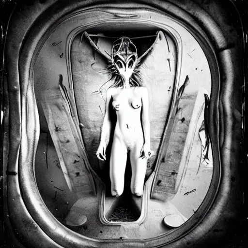 Image similar to alien inside a spaceship interior, hyper realistic, hight detail, sharp focus, wide angle, moody lighting, tintype, black and white photo by Joel Peter Witkin