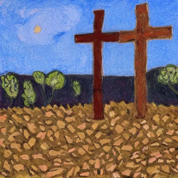 Prompt: crosses on gravel hill from distance, childrens drawing