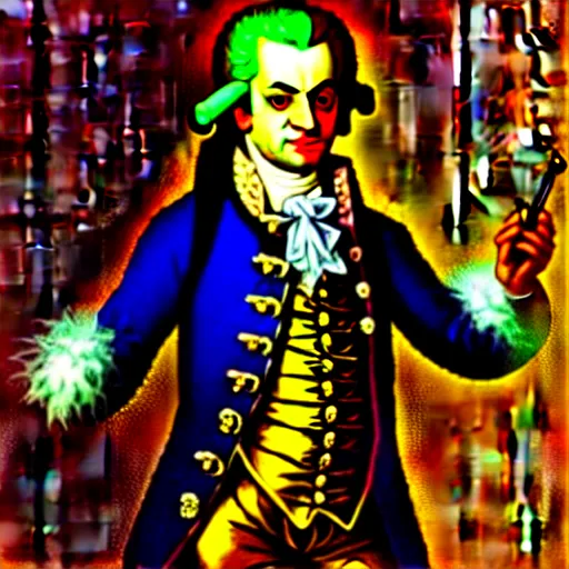 Image similar to a photo of wolfgang amadeus mozart on a rave. he sweats a lot because the club is poorly ventilated, but he still has a great time. club photography, smartphone photography.