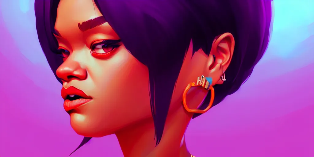 Image similar to low angle portrait of Rihanna, tepainting concept Blizzard pixar maya engine on stylized background splash comics global illumination lighting artstation lois van baarle, ilya kuvshinov, rossdraws