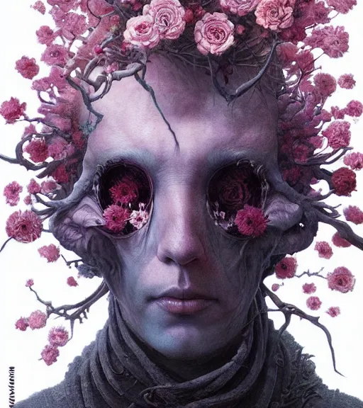 Image similar to portrait, descending into madness, flowers by wayne barlowe, toru kamei, artgerm and greg rutkowski, tanaka suguru, itsuko azuma, kinuko y. craft, mysterious, aesthetic!!! hyper detailed