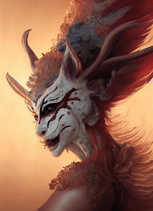 Image similar to a beautiful detailed oil on copper art illustration of a japanese oni kitsune mask devil woman, the mask is broken, centered, by charlie bowater, zeng fanzh, trending on artstation, dim dusk lighting, cinematic lighting, detailed lighting, volumetric lighting, realistic, f 8, 4 k hd wallpaper