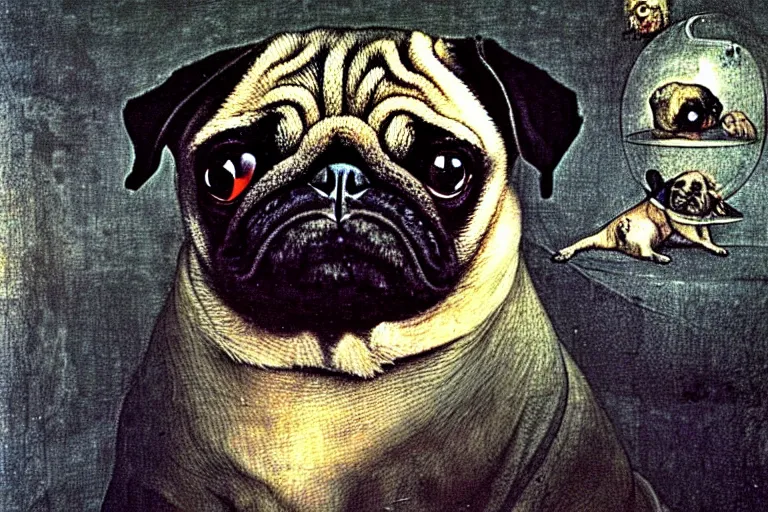 Prompt: a happy pug in a disturbing nightmare, single subject, scenic full shot, ambient lighting, detailed face, by hr giger, by hieronymus bosch