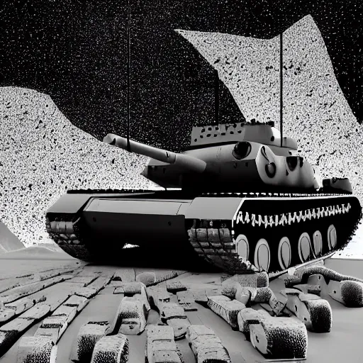 Prompt: daoist battle tank painted in white and black yinyang symbol blasting away at dystopia, cosmos backdrop, a digital rendering by an alien superintelligence from the future