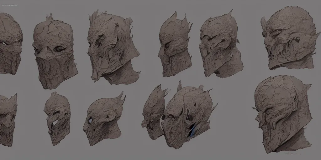 Image similar to wooden mask of fear design, character sheet, Moebius, Greg Rutkowski, Zabrocki, Karlkka, Jayison Devadas, Phuoc Quan, trending on Artstation, 8K, ultra wide angle, zenith view, pincushion lens effect