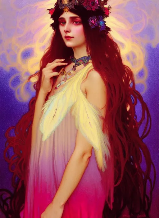 Image similar to ombre velvet gown, feathers, vivid colors, lovely dark autumn princess, portrait, long hair, tiara, jeweled choker, by alphonse mucha, brom, greg rutkowski, anato finnstark