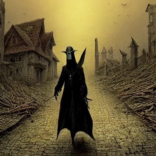 Image similar to plague doctor walking through a town ravaged by plague, dark, creepy, death, disease, hyperdetailed, concept art in a style of zdzislaw beksinski