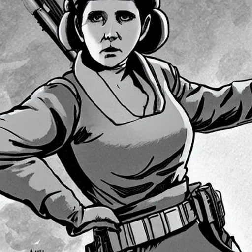 Prompt: Princess Leia striking a sassy pose with one hand on her hip and the other holding a blaster, in the style of Attack on Titan, key still, establishing shot, highly detailed, lighting