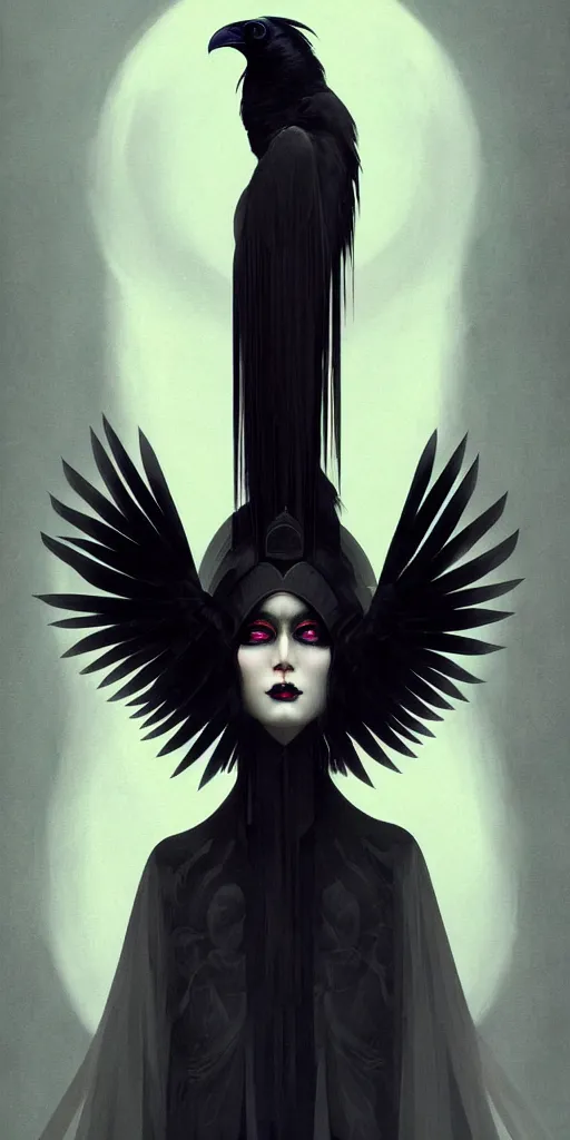 Image similar to breathtaking detailed concept art painting art deco portrait of a goth goddess amalgamation raven, by hsiao - ron cheng, bizarre compositions, exquisite detail, extremely moody lighting, 8 k