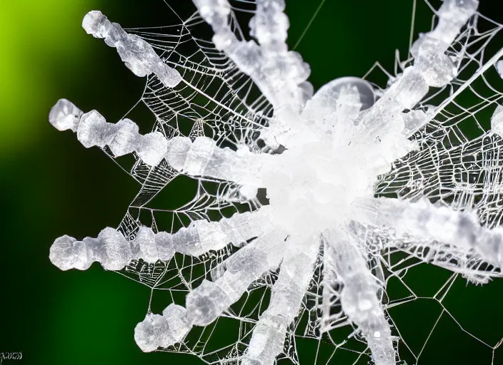 Image similar to super macro of a clear white crystal spider on a flower, in the forest. Fantasy magic style. Highly detailed 8k. Intricate. Nikon d850 300mm. Award winning photography.