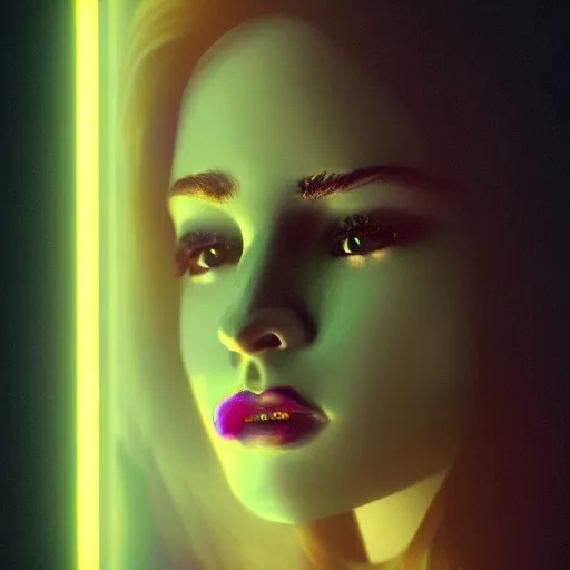 Prompt: realistic fantasy portrait of sad robo girl in neon light, fog around,