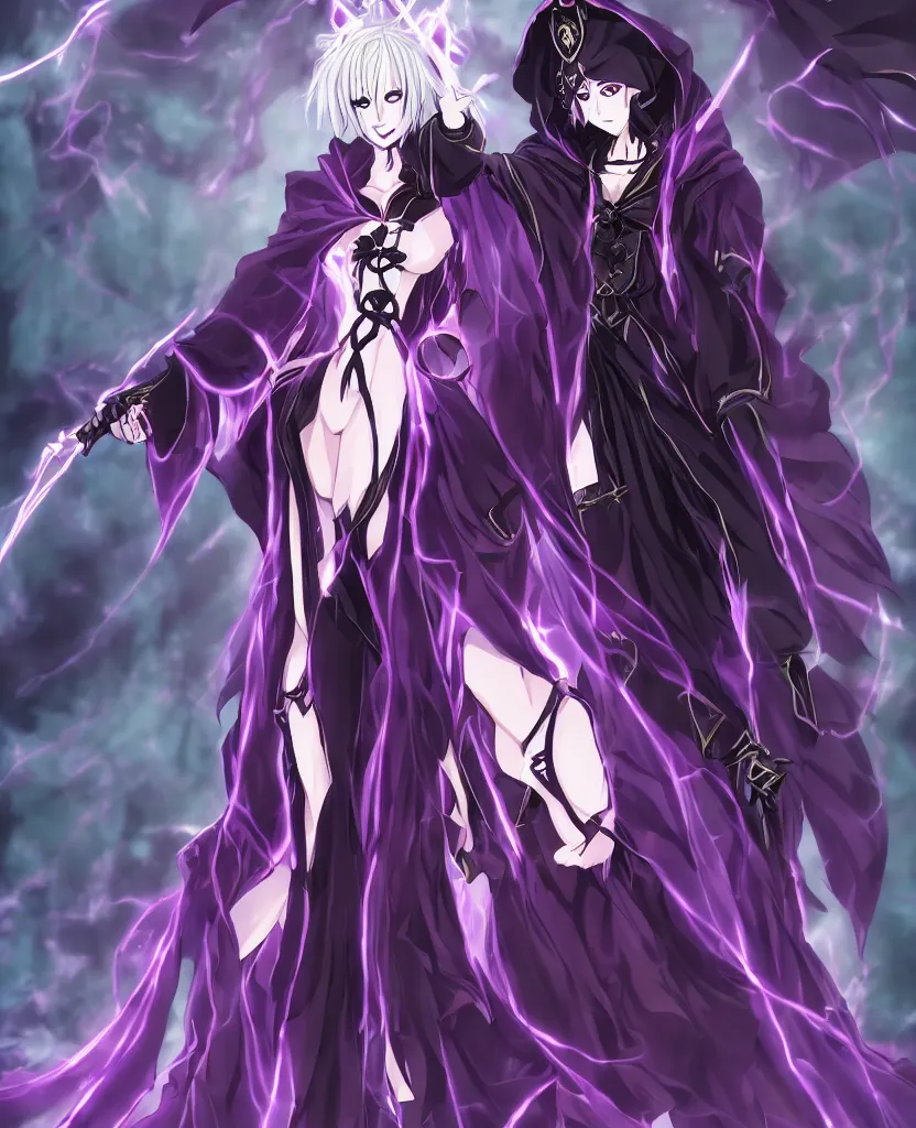 Image similar to an attractive anime female necromancer mage symmetrical, donned in black cloak with purple staff full body in frame