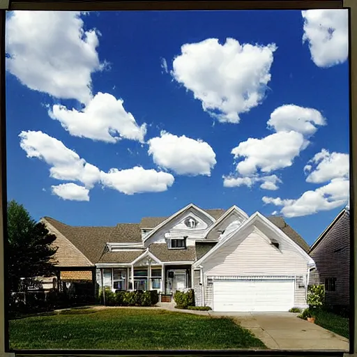 Prompt: liminal space suburban neighborhood, with blue sky, and clouds, very bright day, 2 0 0 8 photograph