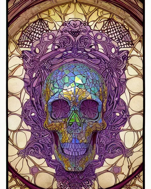 Image similar to skull carving art, cell shading, voronoi,fibonacci sequence, sacred geometry by Alphonse Mucha, Moebius, hiroshi yoshida, Art Nouveau, colorful, ultradetailed, vivid colour, 3d