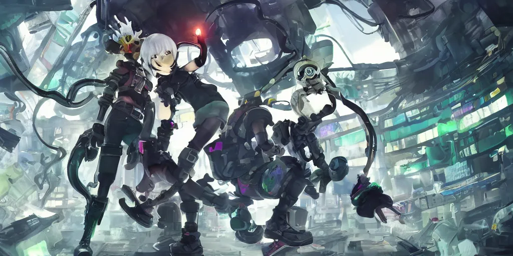 Image similar to splatoon nintendo one character digital painting no blur, concept art, character sheet nier automata 2 d, yoji shinkawa, yoshitaka amano, tsutomu niehi, cyberpunk, trending on artstation, featured on pixiv, hyper detail, cinematic composition, 8 k