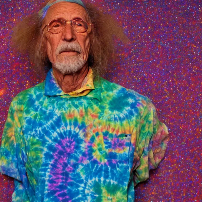 Prompt: colorful portrait photograph of an aging hippy wearing a tie dye shirt that resembles the milky way galaxy, intense color photograph by william eggleston, shocking detail cosmic trending on artstation 8 k